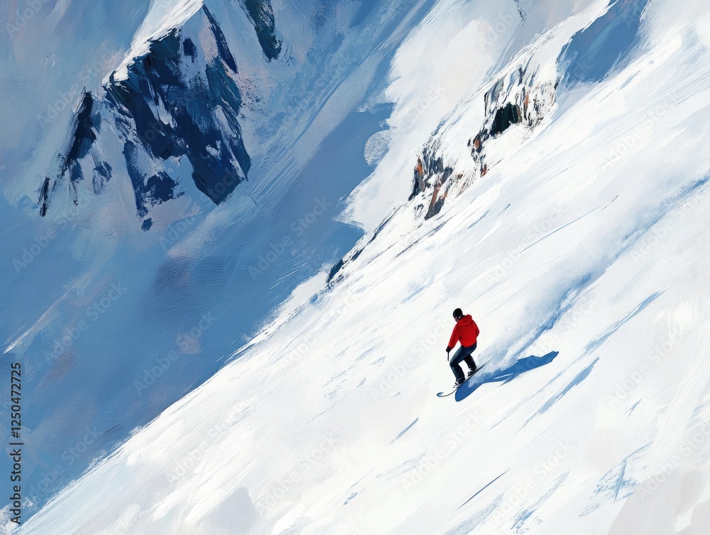 Snowboarder carving down a pristine, snowy mountain slope with artistic touch Snowboarder carving down a pristine, snowy mountain slope with artistic touch