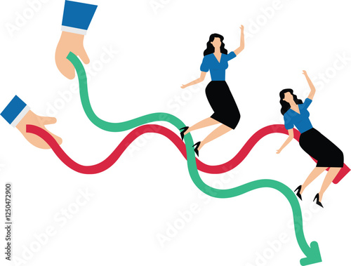 Price volatility and instability, market control and risk management, hands waving up and down chart arrows