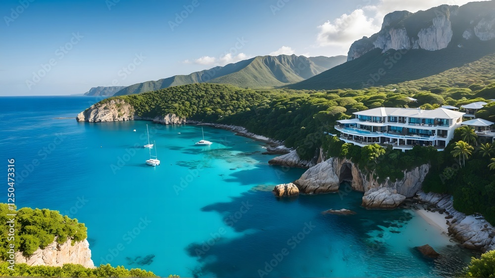 Naklejka premium Luxury Cliffside Resort Overlooking Crystal Blue Waters