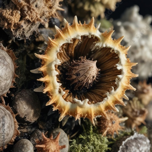 Detail of Acorn barnacle Semibalanus balanoides with its distinctive feathery crown, crustacean, benthic organisms, shellfish photo