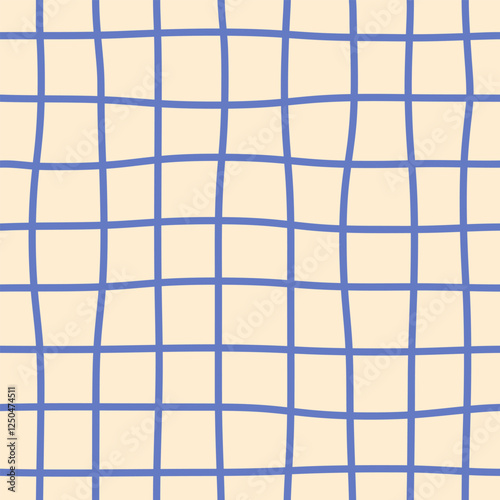 Seamless pattern of thin blue curved checkered lines on light background, simple cute hand drawn illustration, flat style