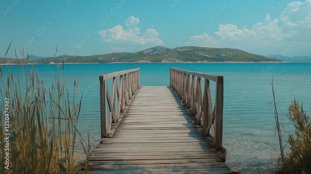 Wooden pier leading to tranquil lake, idyllic scenery, perfect for relaxation, use as stock image Wooden pier leading to tranquil lake, idyllic scenery, perfect for relaxation, use as stock image