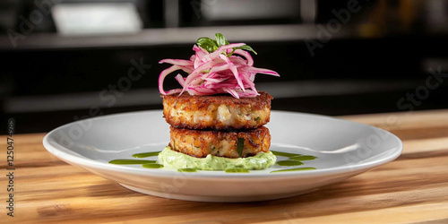 Crispy crab cakes topped with pickled onions and Thai basil aioli photo