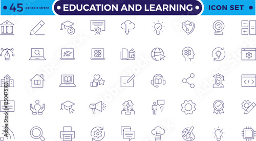 Education and Learning Outline icons set. Education, School, Learning, university, textbook. Containing video tuition, e-learning, online courses, educational websites. Editable stroke outline icon.