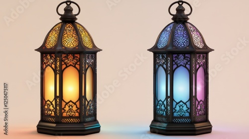 Elegant islamic eid al-adha greeting card design featuring traditional lanterns, golden arabic calligraphy, and a festive glow, symbolizing the spirit of the festival of sacrifice with spiritual warmt