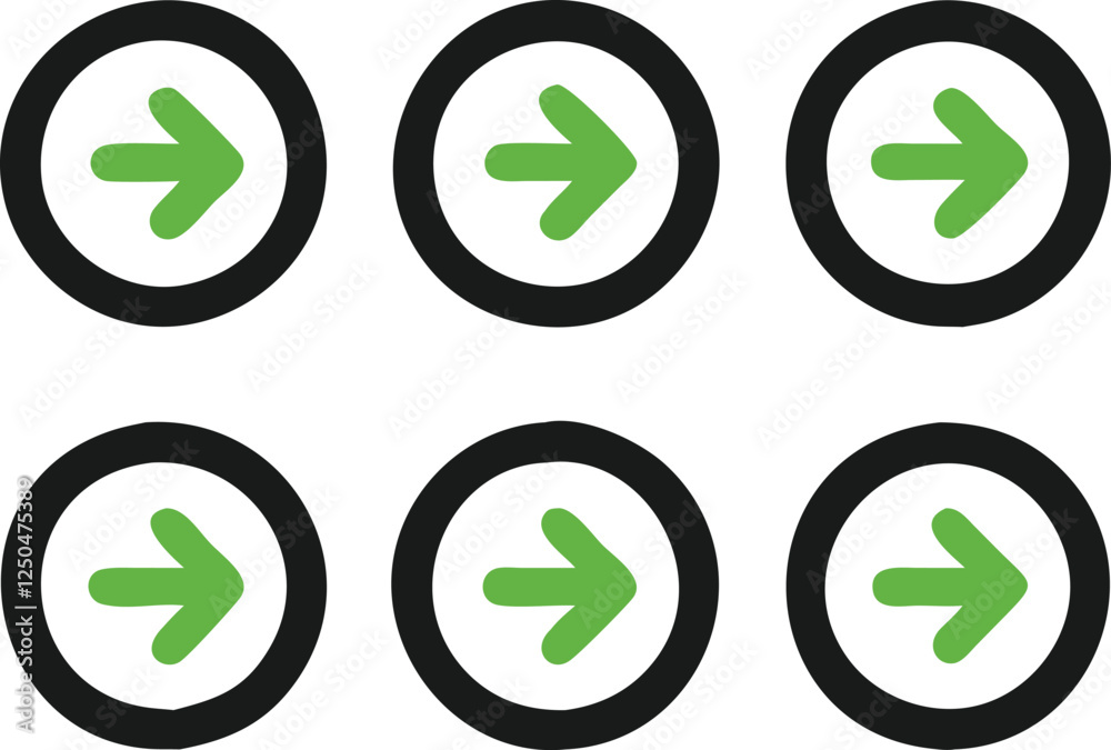 Six Circular Green Arrows Pointing Right on White Background Six Circular Green Arrows Pointing Right on White Background