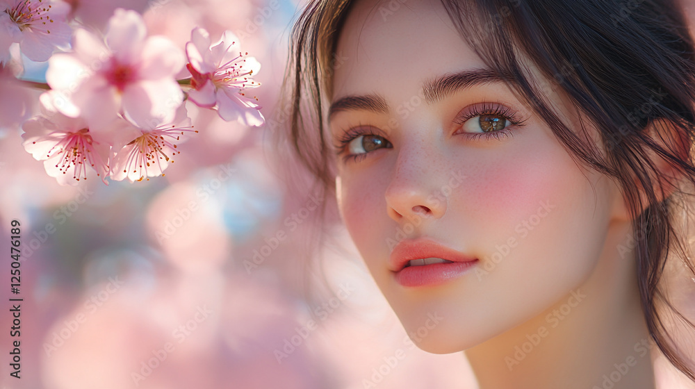 Fototapeta premium Beautiful Woman Spring Blossoms Pink Flowers Soft Portrait Gentle Girl Face Skin Calm Model Youth 