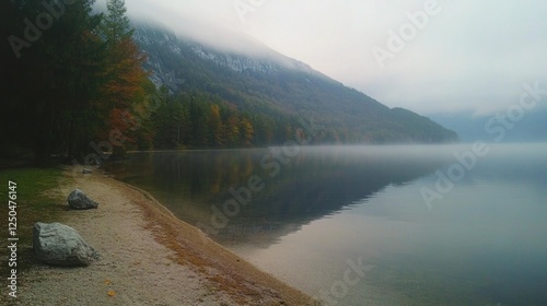Misty lake shore at autumn photo
