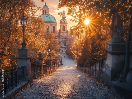 Autumn sunrise, Prague church path