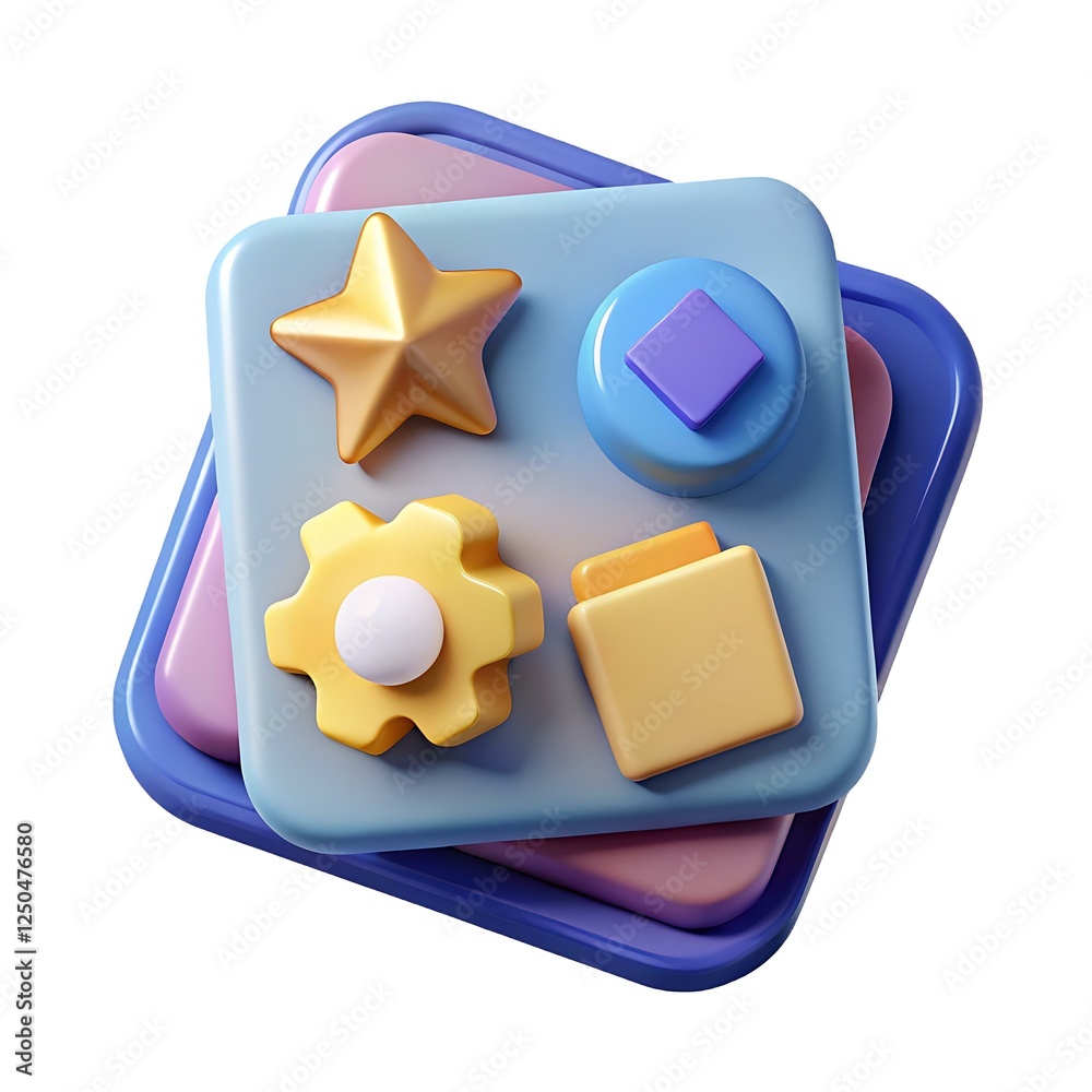 Stack of Colorful 3D Square Icons with Star Gear Box and Diamond Stack of Colorful 3D Square Icons with Star Gear Box and Diamond