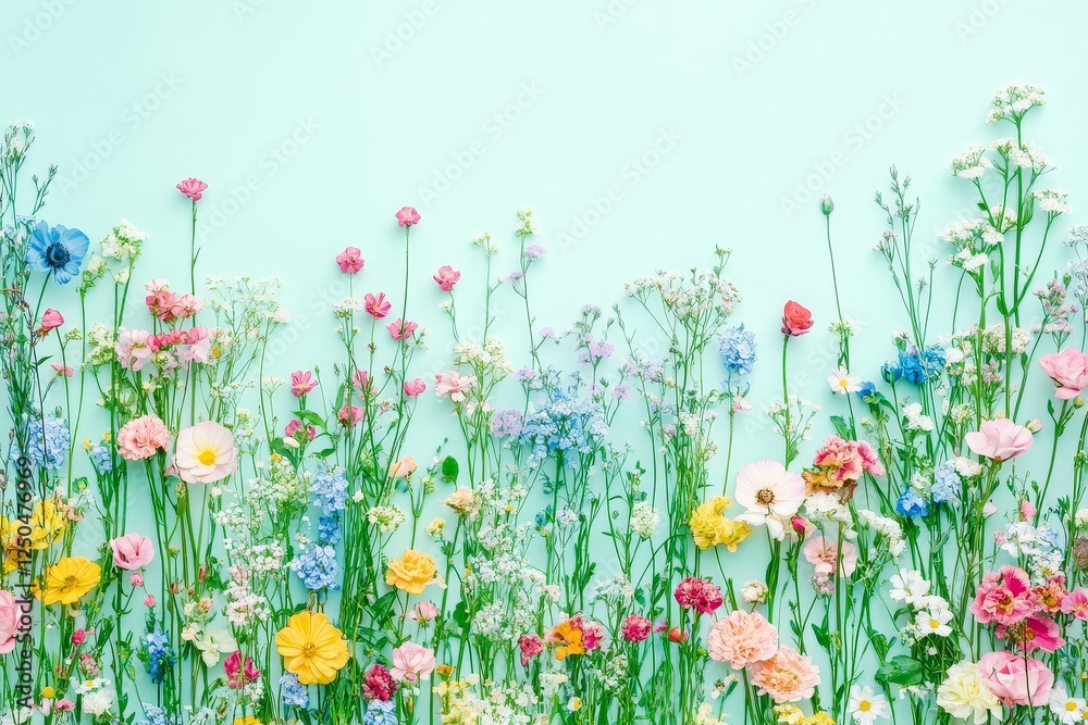 Fototapeta premium Elegant spring floral border with pastel flowers on a mint background, flat lay top view. Soft and delicate botanical composition for seasonal design.