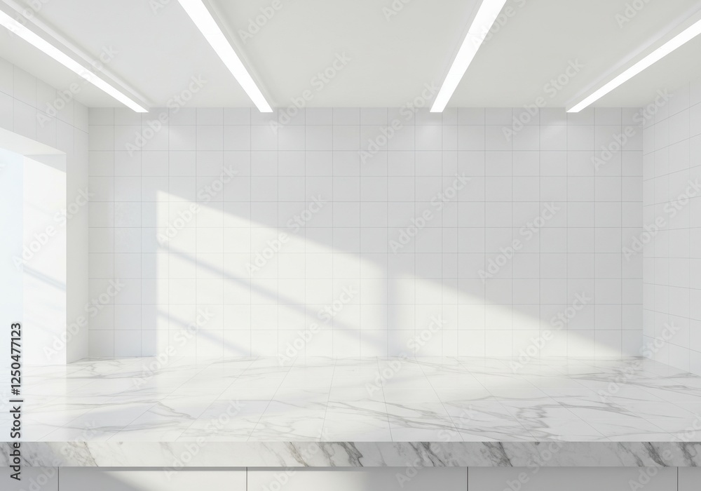 Fototapeta premium Minimalist white interior, empty marble countertop, clean white tiled wall, bright lighting, modern design, sleek surfaces, geometric patterns, stark contrast