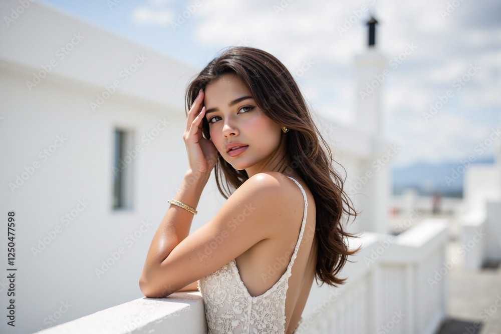 Radiant woman in elegant attire against a bright sky background, photography of fashion portrait concept. Radiant woman in elegant attire against a bright sky background, photography of fashion portrait concept.