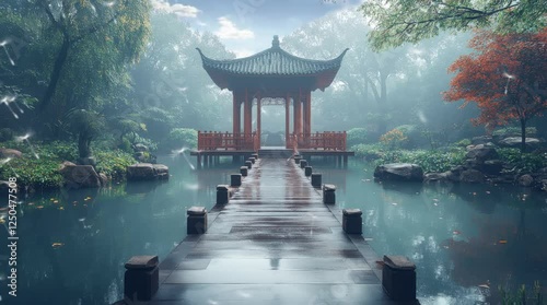 Sunset illuminates a Chinese pavilion in a park, its silhouette contrasting against the night sky