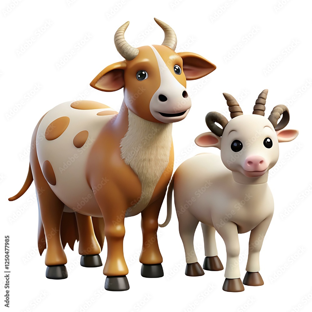 Fototapeta premium Adorable Cartoon Cow and Goat Friends Together in 3D Render