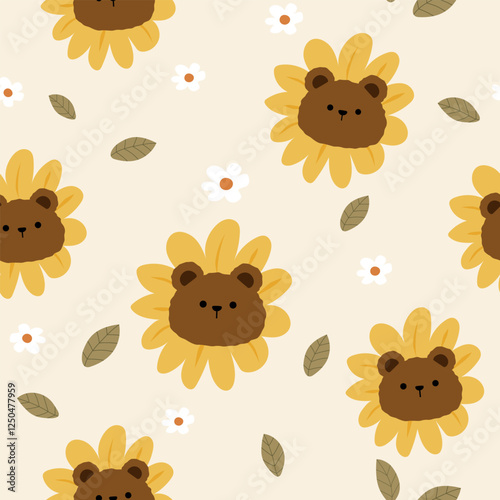 bear heads in sunflowers  , leaves and white flowers seamless pattern , vector , illustration