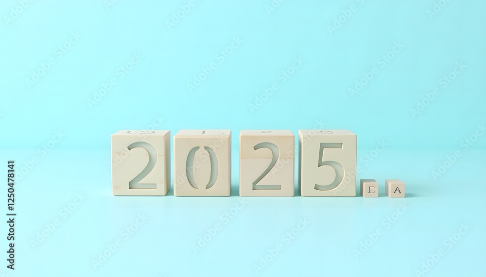 2025 New Year Concept with Wooden Blocks on Blue Background 2025 New Year Concept with Wooden Blocks on Blue Background