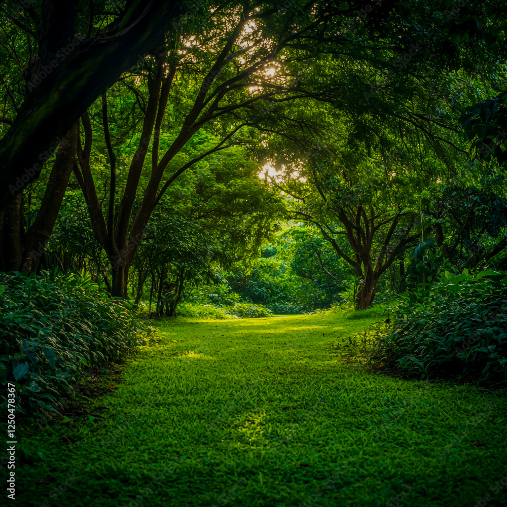 Lush Green Forest with Pathway – Tranquil and Inviting Lush Green Forest with Pathway – Tranquil and Inviting