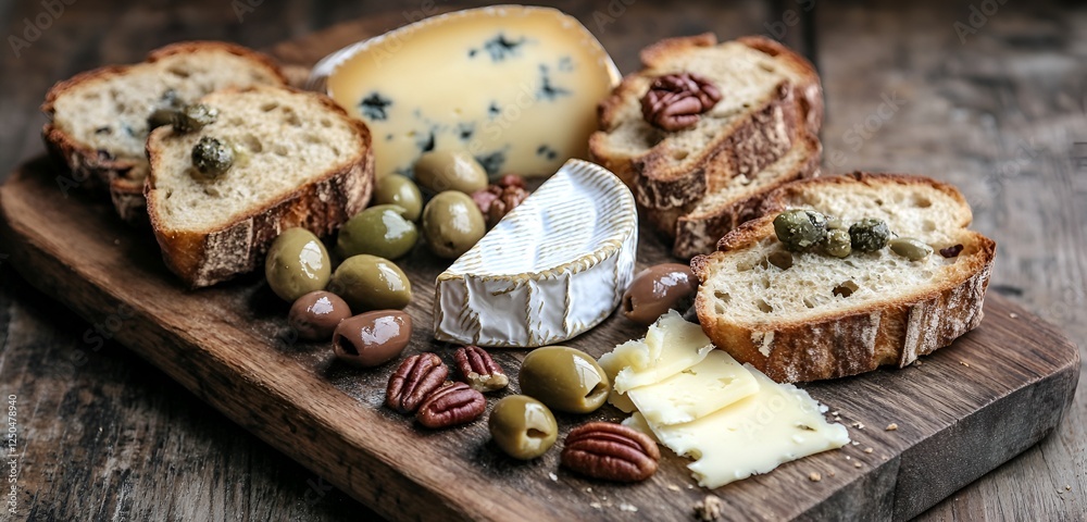 A selection of artisanal bread and cheese with olives and nuts on a rustic wooden board A selection of artisanal bread and cheese with olives and nuts on a rustic wooden board
