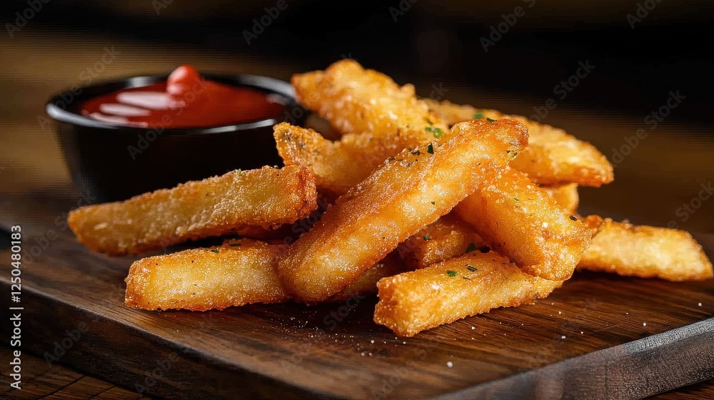 Crispy golden fries served on a wooden platter, accompanied by a small bowl of ketchup for dipping. Crispy golden fries served on a wooden platter, accompanied by a small bowl of ketchup for dipping.