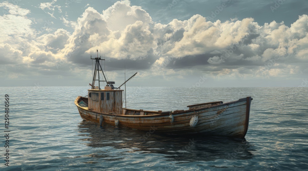 Rusty fishing boat at sea, cloudy sky Rusty fishing boat at sea, cloudy sky