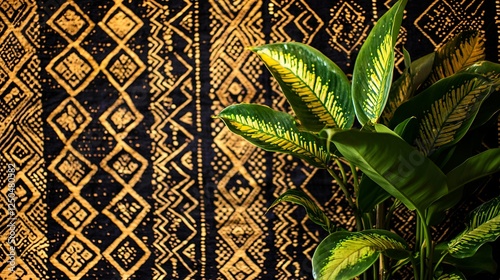 Tropical plant against patterned fabric background photo