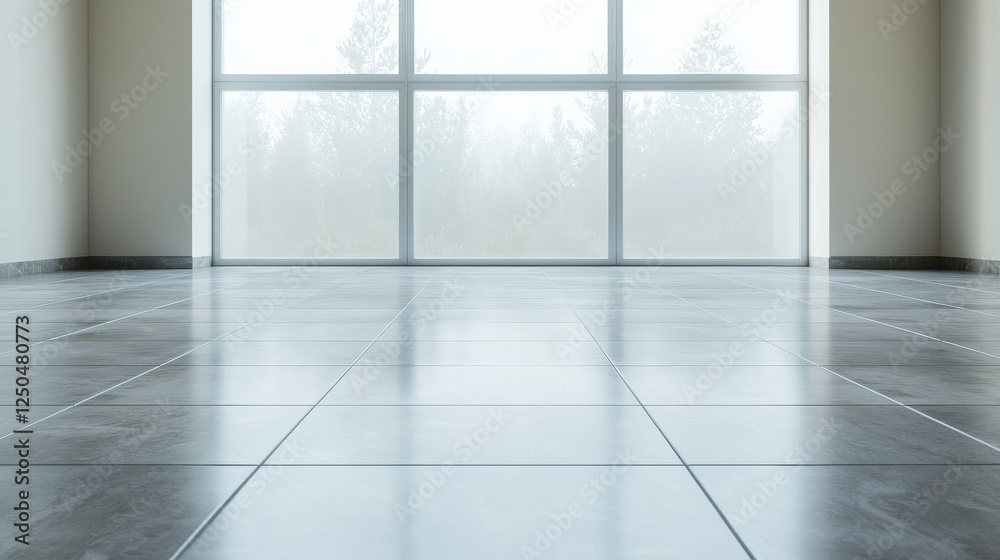 Fototapeta premium A spacious, modern room with polished tile flooring and large windows allowing natural light to filter in, creating a serene atmosphere.