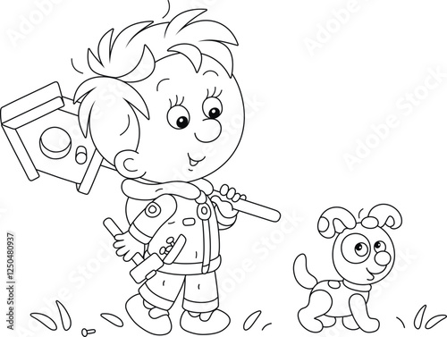 Happy little boy with a funny puppy walking and carrying a small wooden homemade birdhouse to nail it to a tree in a spring park, black and white outline vector cartoon illustration for a coloring boo
