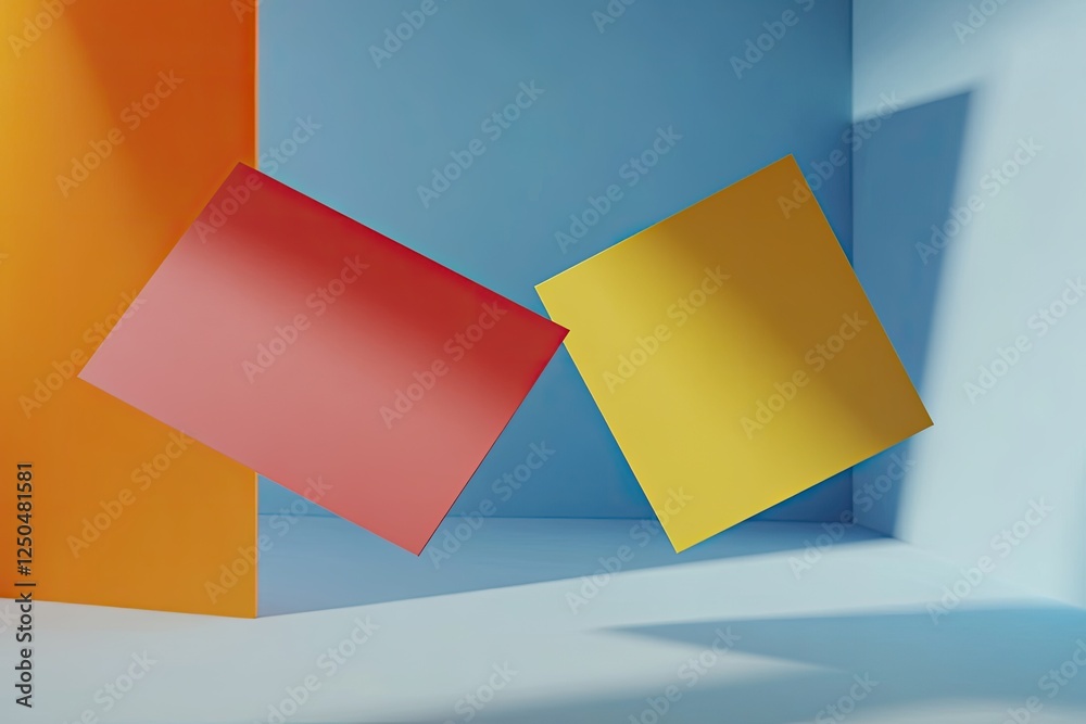 Floating papers, colorful backdrop, studio, minimal design, mock-up Floating papers, colorful backdrop, studio, minimal design, mock-up