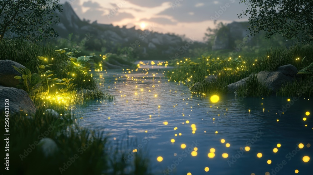 Obraz premium Mystical Glow: Fireflies dance over the water in a serene and breathtaking landscape. A captivating blend of natural beauty and whimsical fantasy.