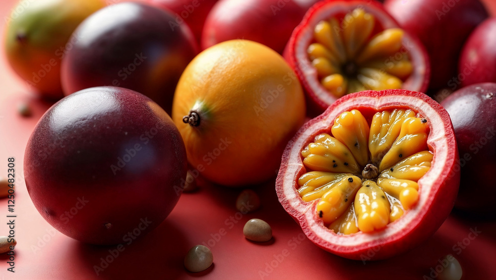 Close-up of vibrant passion fruits, one halved, alongside a ripe mango on a red background.  Seeds visible.