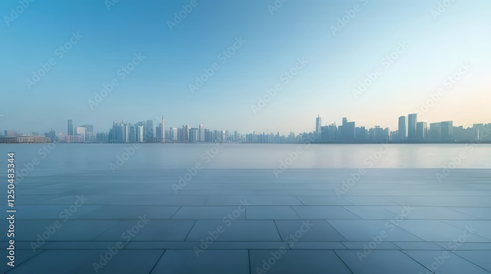 City skyline reflected in calm water, viewed from empty plaza. City skyline reflected in calm water, viewed from empty plaza.