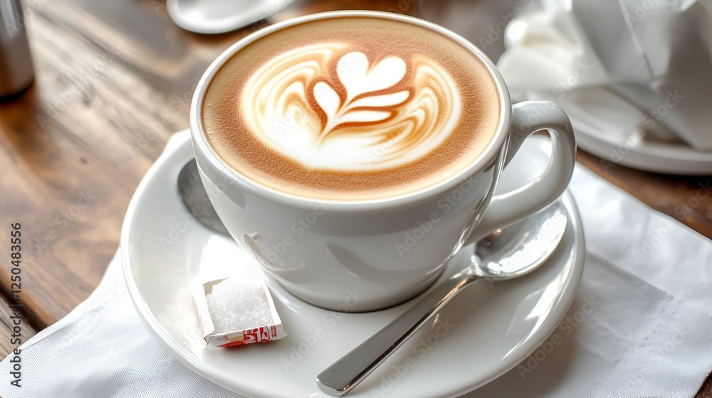 A steaming coffee cup with latte art on a white saucer, surrounded by a spoon and sugar packet A steaming coffee cup with latte art on a white saucer, surrounded by a spoon and sugar packet