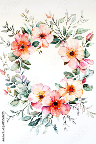 Watercolor template greeting card for invitation to wedding, birthday with flowers and eucalyptus leaves. Copy space.
