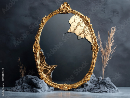 A luxurious frame encasing a mirror with cracks