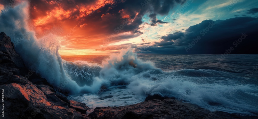 Fototapeta premium Dramatic ocean waves crashing against rocky shore at sunset with vibrant sky colors, copy space for text