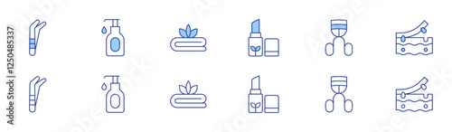 Beauty icon set in two styles, Duotone and Thin Line style. Editable stroke. organic product, tweezers, eyelash curler, shampoo, towel, blackhead