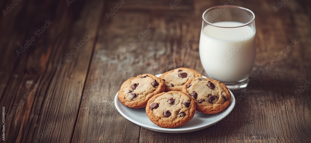 Delicious chocolate chip cookies served with a glass of milk on rustic wooden table, copy space for text Delicious chocolate chip cookies served with a glass of milk on rustic wooden table, copy space for text