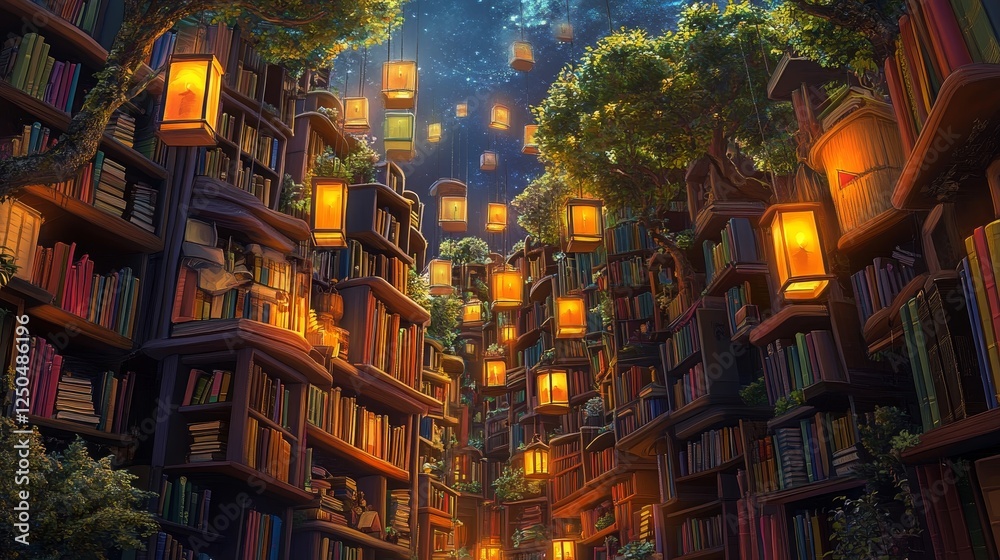 Enchanting Bookish Cityscape: Colorful Bookshelves, Glowing Lanterns, Animated Books, Photorealistic Illustration Enchanting Bookish Cityscape: Colorful Bookshelves, Glowing Lanterns, Animated Books, Photorealistic Illustration