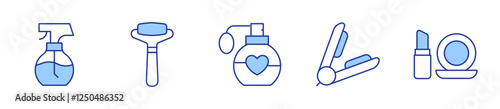 hair straightener, make up, beauty, face roller, perfume. Beauty Icon vector illustration. Line Duotone style. Editable stroke