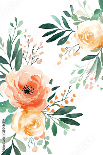 Greeting card for invitation to wedding, birthday with pink peonies, eucalyptus leaves. Watercolor.