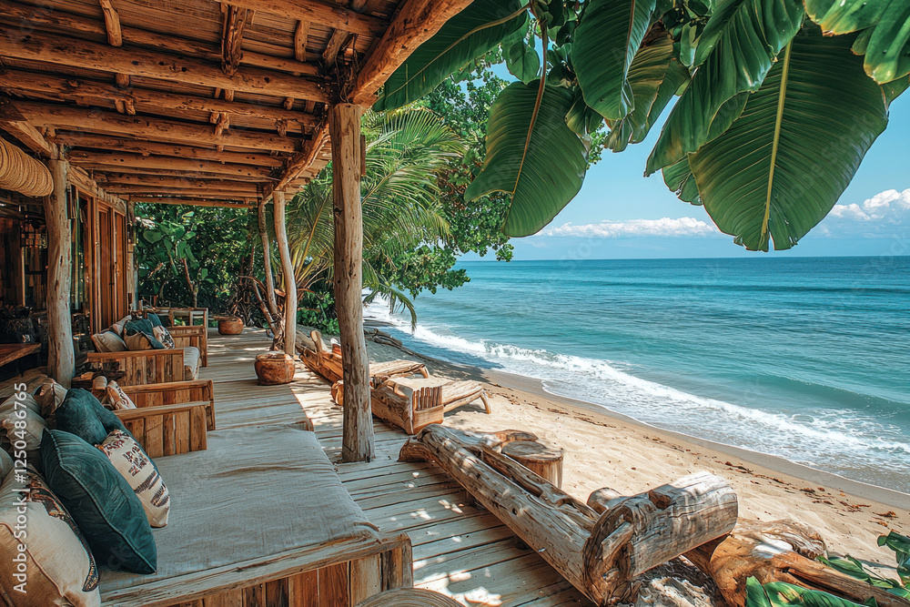 Fototapeta premium Beachfront bungalow relaxation with ocean view, ideal for travel ads