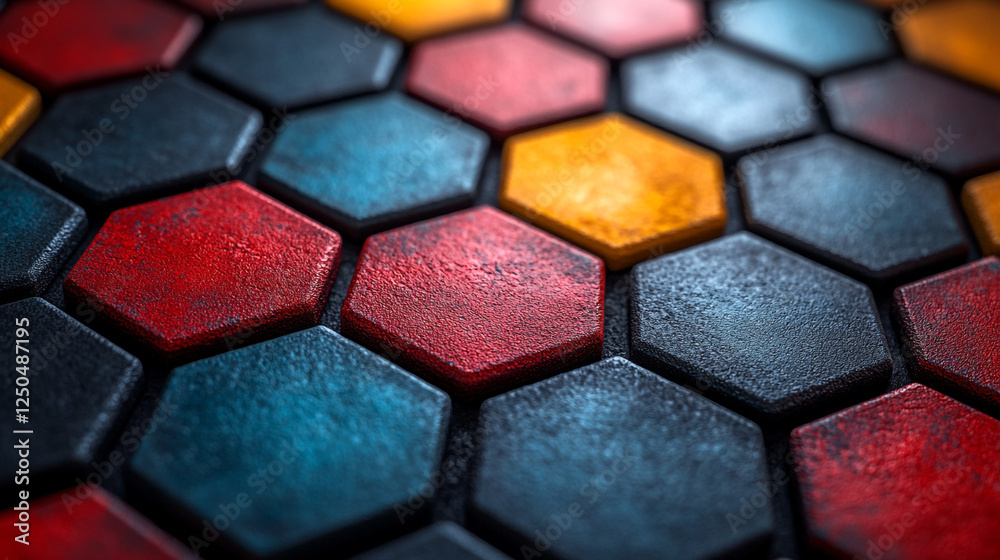 Fototapeta premium Abstract Hexagon Pattern Red Blue Orange Texture Background Design 3D Art Tile Tech Style Image 