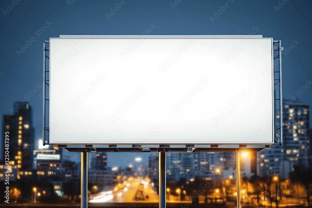 Blank white billboard on city buildings background at night, front view. Mockup, advertising concept Blank white billboard on city buildings background at night, front view. Mockup, advertising concept