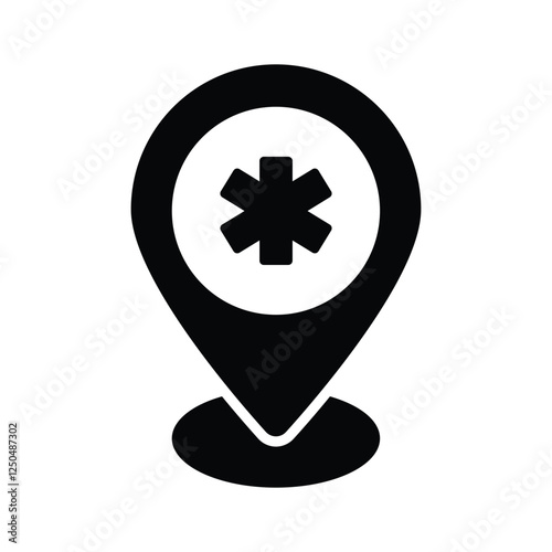 Medical sign inside map pin denoting concept icon of hospital location