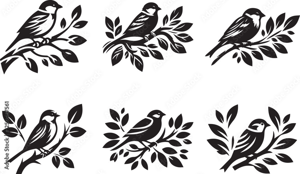 Fototapeta premium Elegant bird on branch vector set with intricate leaf details perfect for tattoo designs and nature themed illustrations