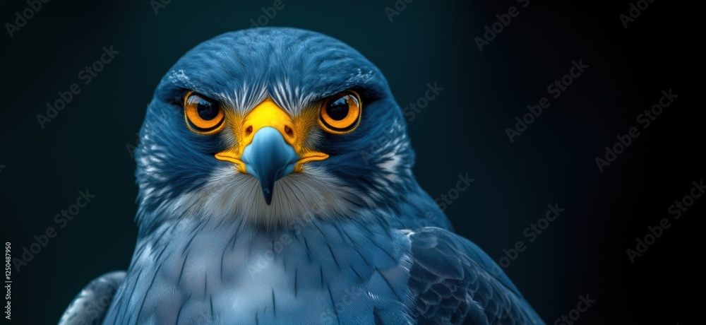 Fototapeta premium Stunning close-up of a blue hawk showcasing intense gaze and vibrant colors, copy space for text