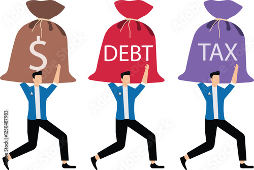 Financial burdens, financial burdens, three businessmen moving forward with overweight money bags on their shoulders