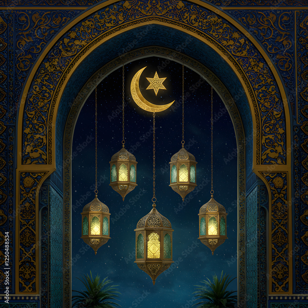 The ancient stone architecture of a mosque's night entrance with Traditional Islamic Geometric Patterns And Hanging Lanterns
The ancient stone architecture of a mosque's night entrance with Traditional Islamic Geometric Patterns And Hanging Lanterns