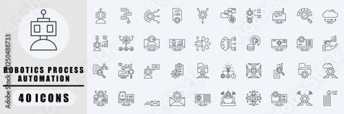 Robotics Process Automation outline icon set. Covers Robot, Workflow, Automation, Script, Integration, Task Automation. Simple vector illustration.